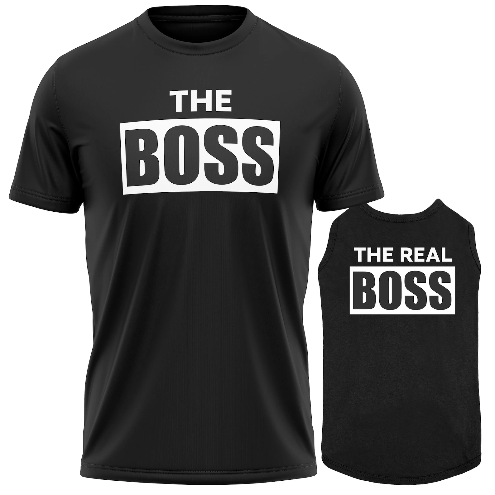 The shirt says "The Boss" while the matching outfit for the dog says "The Real Boss"